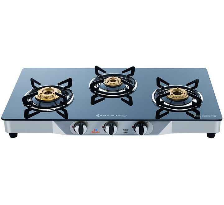 Bajaj CGX3 3-Burner Open Stainless Steel Glass ISI Certified Gas Stove (Black/Silver Manual Ignition) (450136 CGX3 ECO)